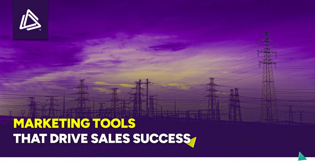Power lines under a purple and yellow sky with bold text reading 'Marketing Tools That Drive Sales Success.'